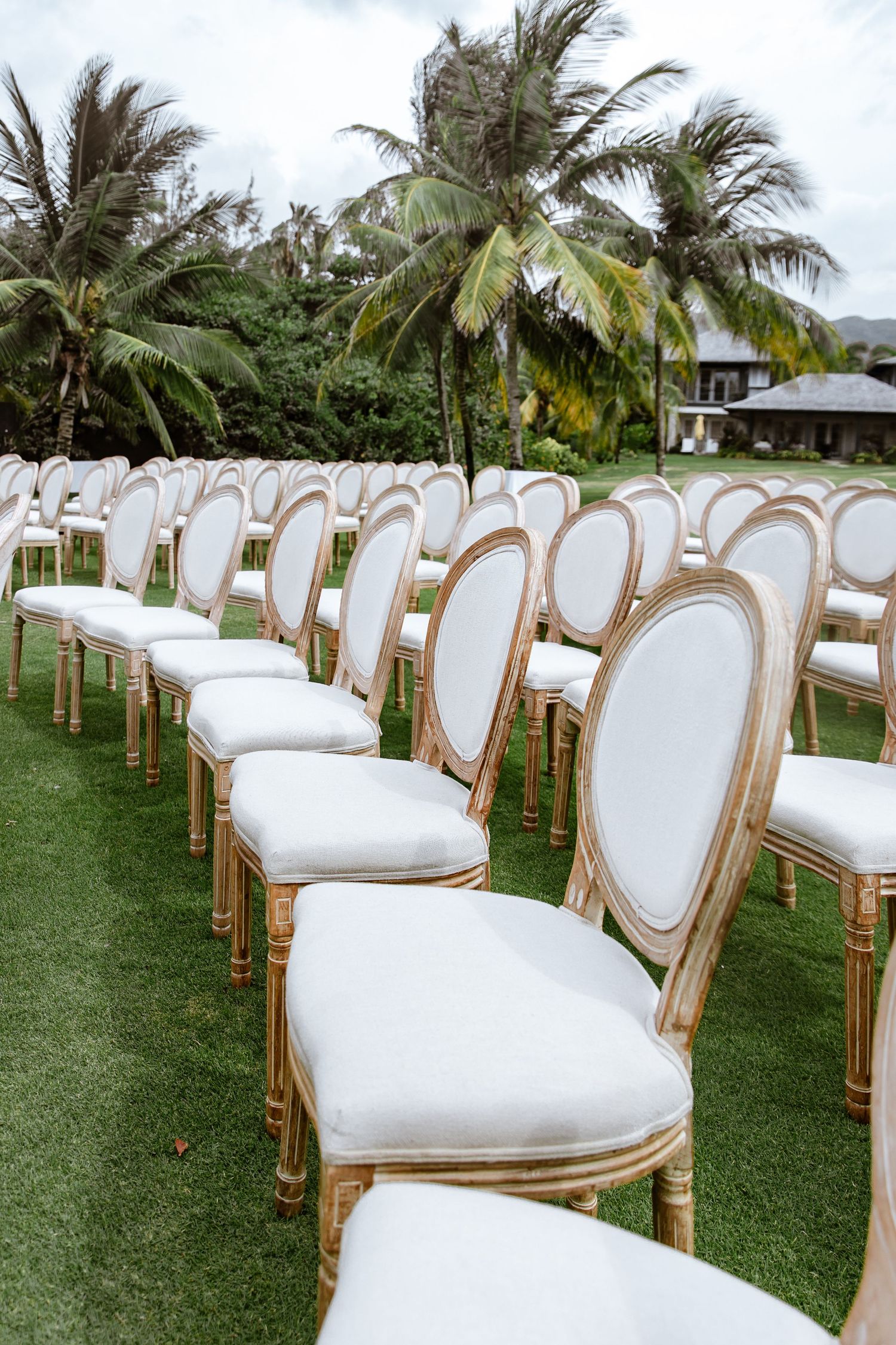 Elegant gold and white Louis XVI chairs arranged in rows on green grass for an outdoor wedding ceremony.