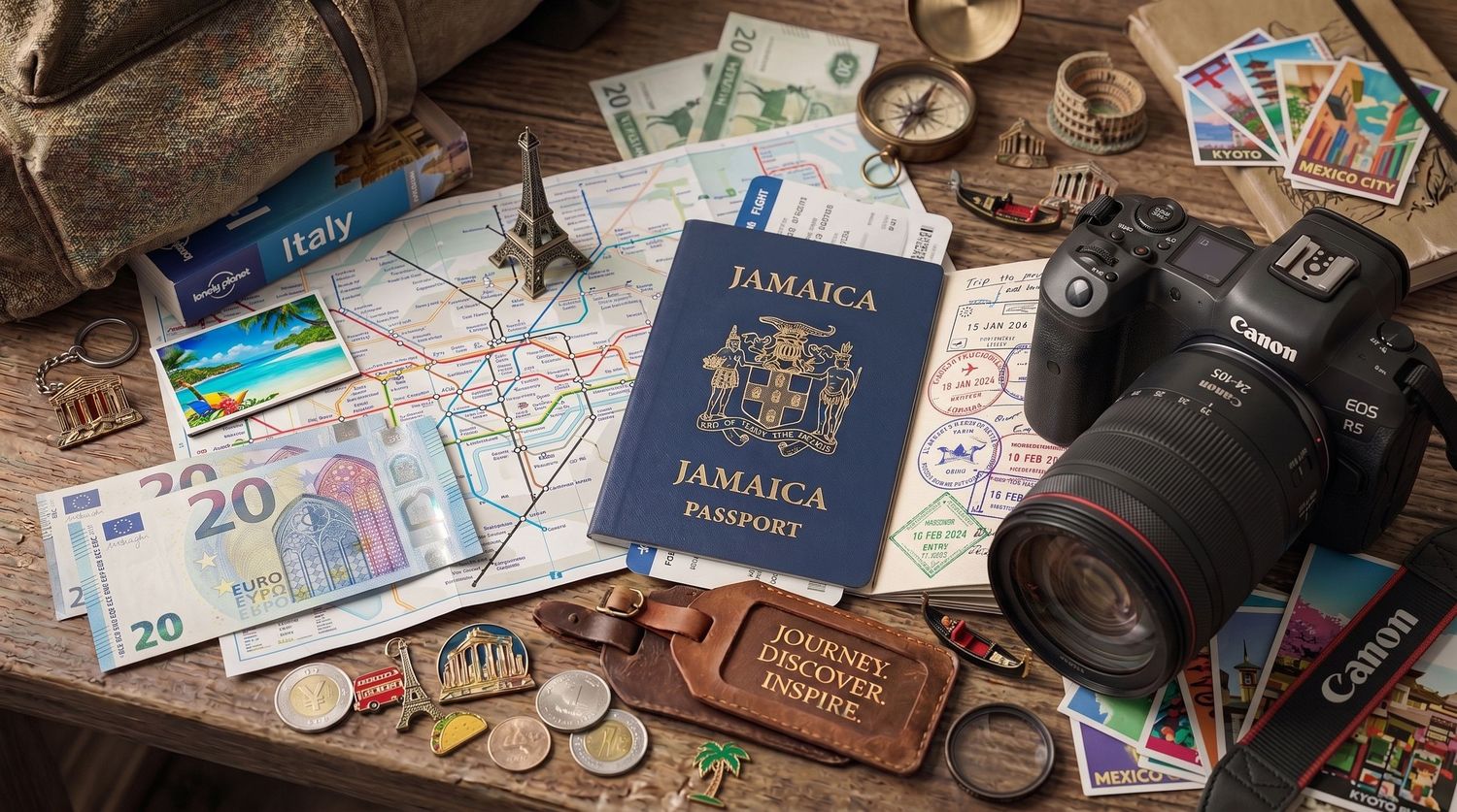 Jamaica passport with Euro currency, maps, compass, camera, and travel accessories on wooden table.