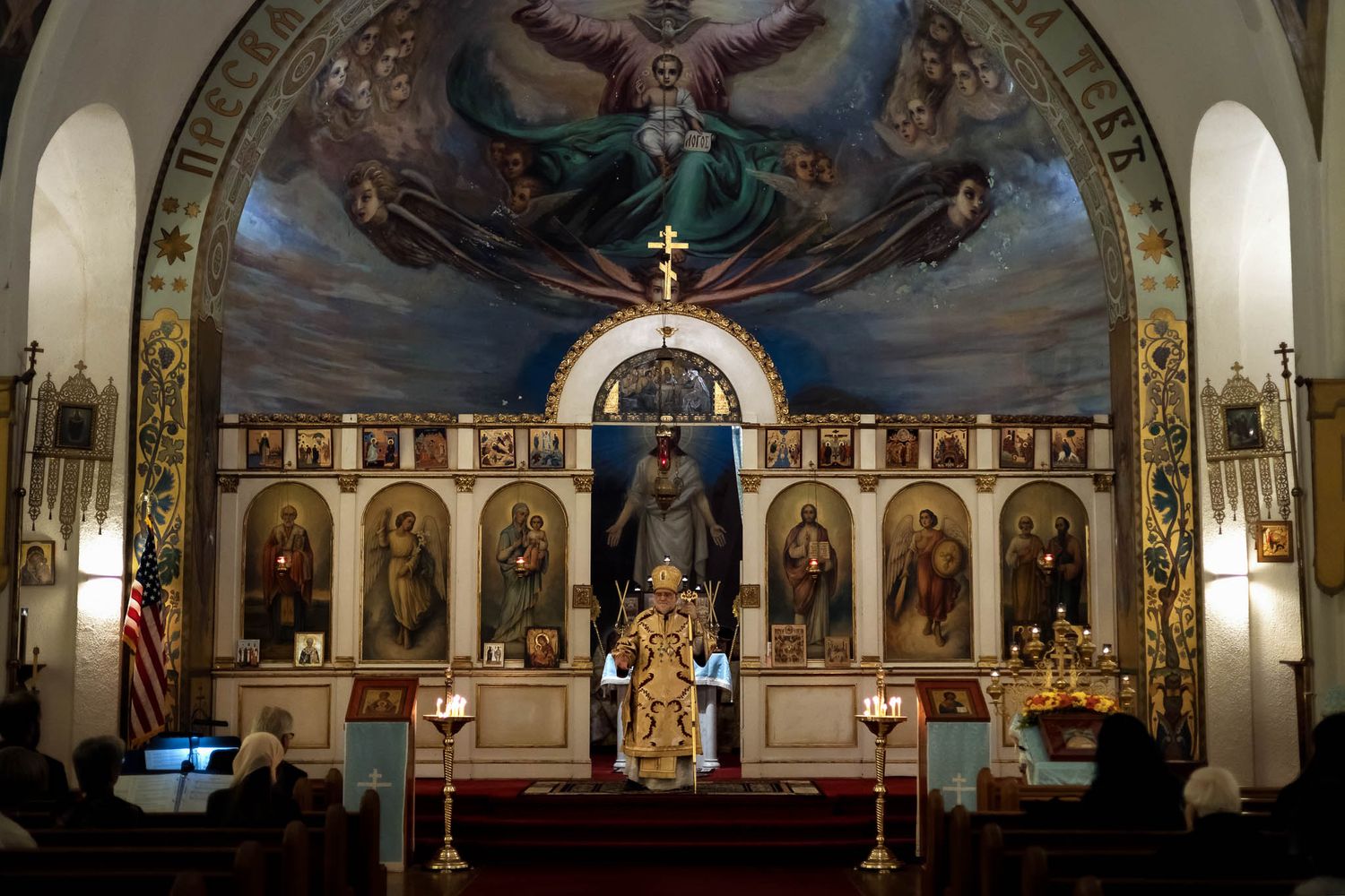 Interior view of a traditional Orthodox sanctuary in Western New York during a service.