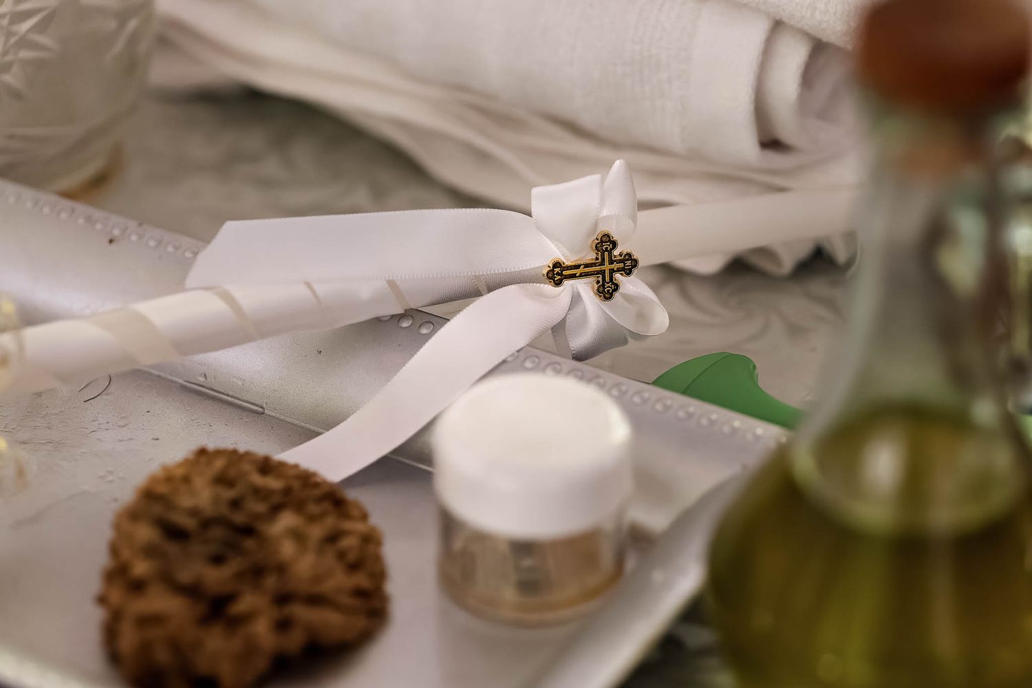 Close-up of sacramental elements on a table during an Orthodox service in WNY.