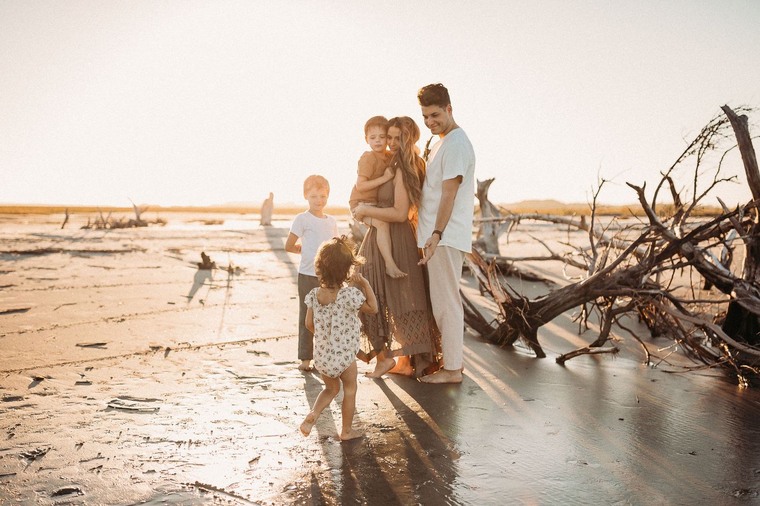 Happy family posing together on a sunlit beach with driftwood and reflective wet sand.