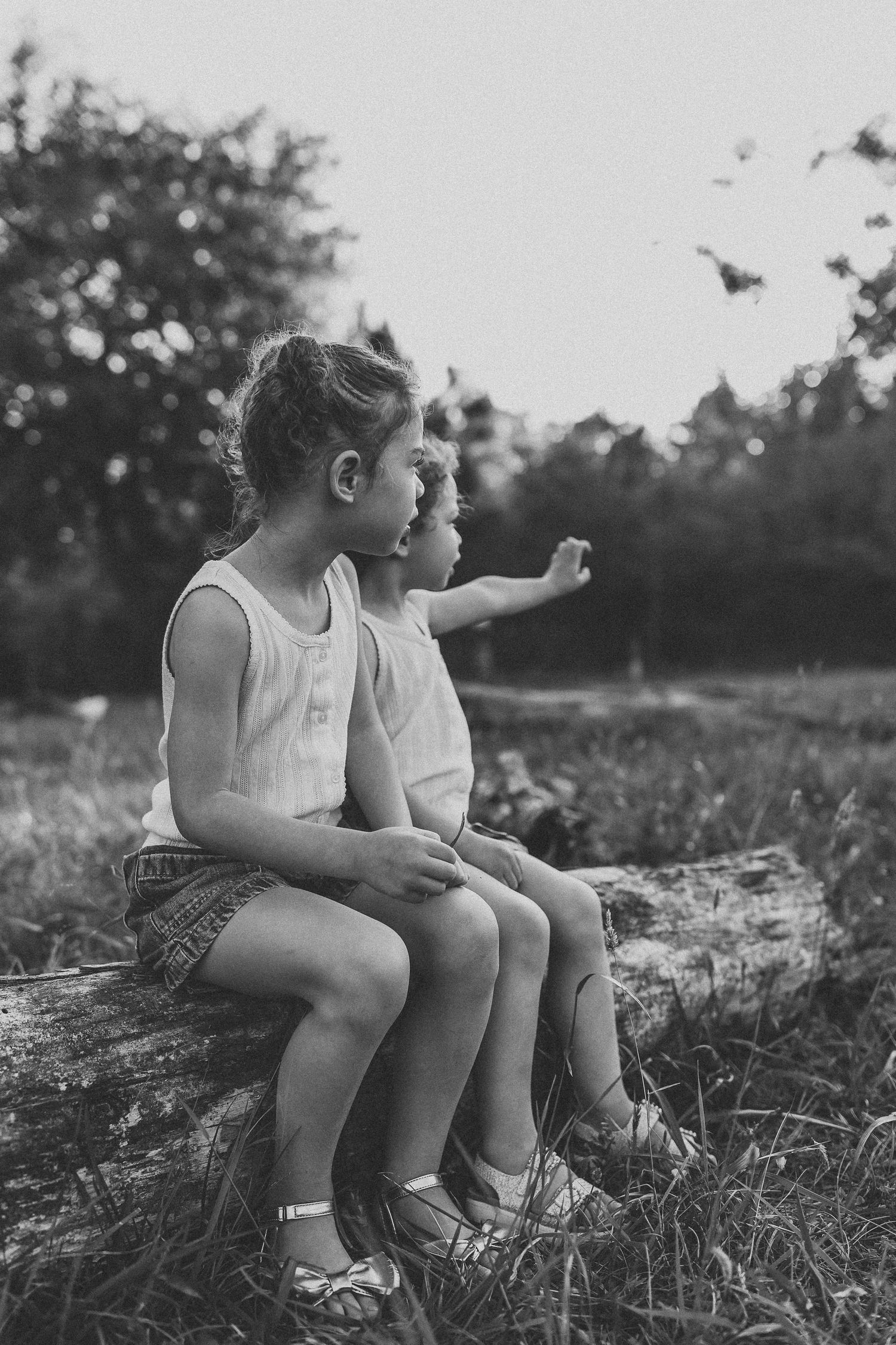 Two children sitting on a log in a field, black and white photo, one child pointing at something in the distance.