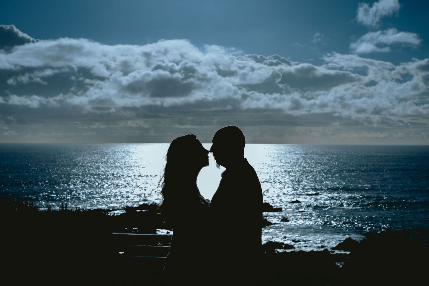 Silhouette of a couple about to kiss on a rocky shore at twilight, with moonlight shimmering on the ocean beneath a dramatic cloudy sky.