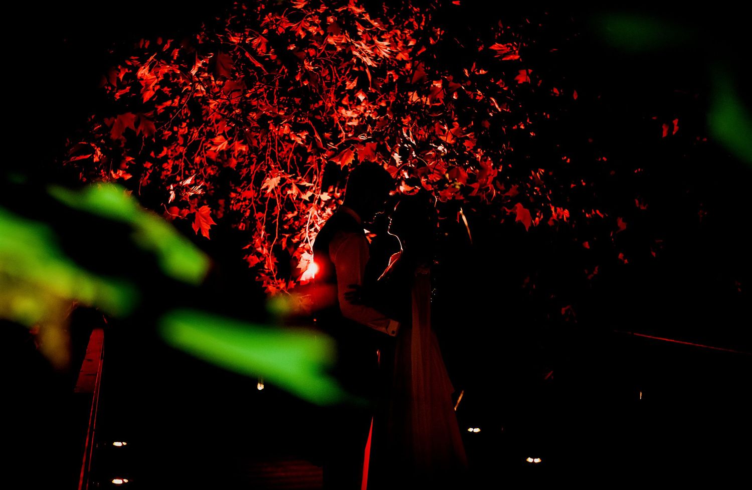 Intimate wedding couple silhouette kissing against dramatically red-illuminated tree foliage at night.