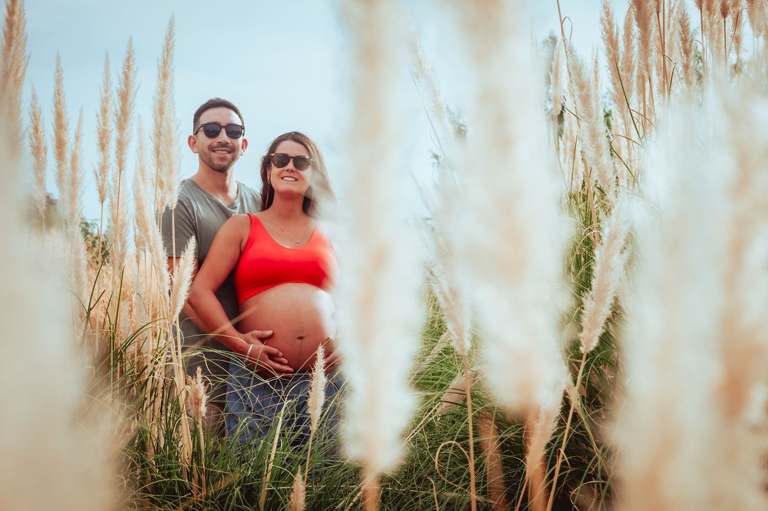 Couple posing together in a field of tall feathery grass, woman showing pregnant belly.