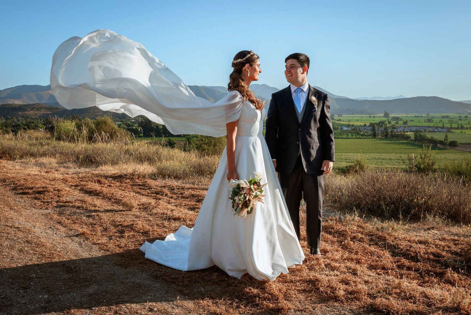 Bride with dramatic flowing veil billowing in wind standing with groom in rural landscape.
