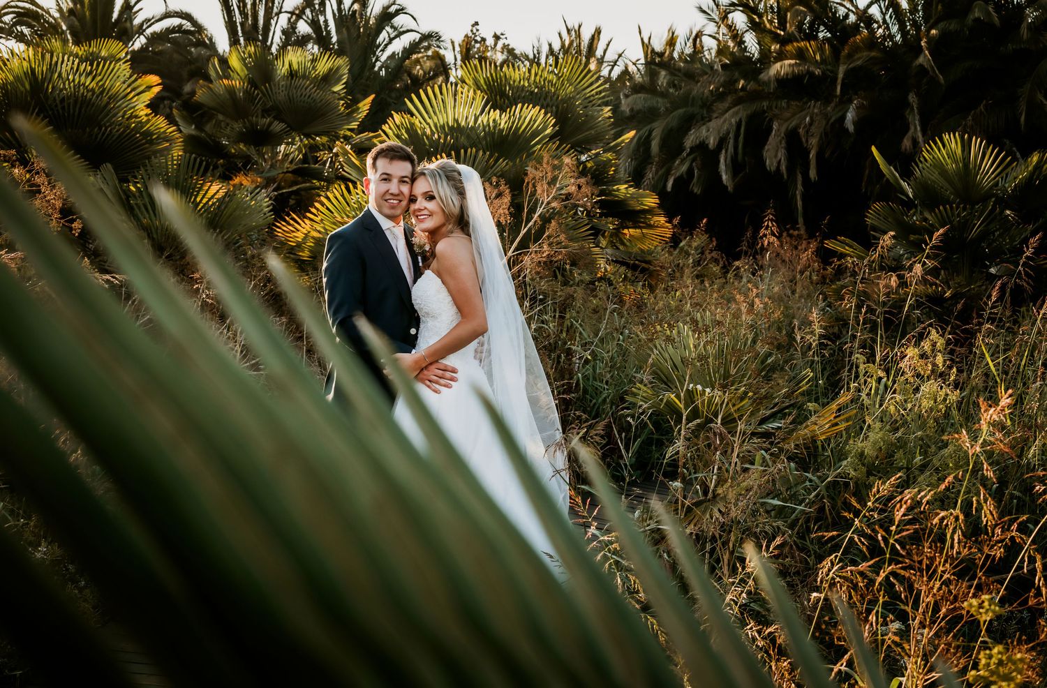 Bride and groom embracing among lush tropical greenery and palm trees during golden hour wedding photos.
