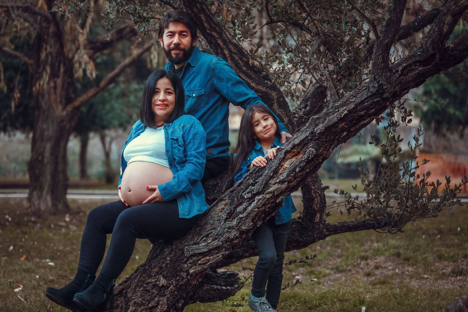 Family maternity photo with father, pregnant mother, and child posing on tree in outdoor park.