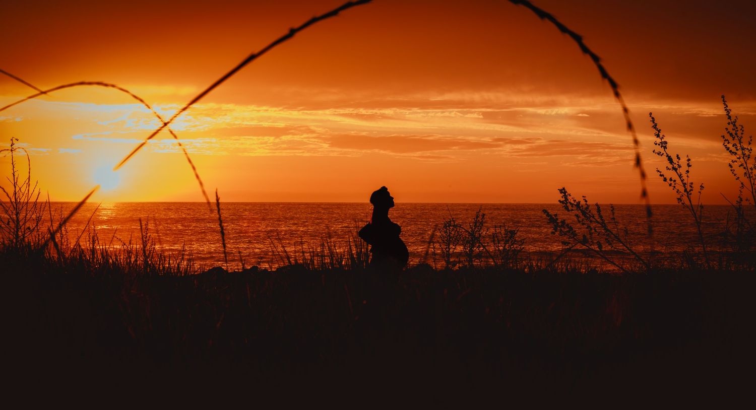 Lone pregnant woman silhouetted among coastal grasses during a breathtaking fiery sunset.