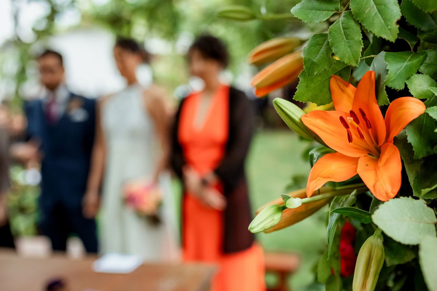 Vibrant orange lily blooms in foreground as wedding ceremony proceeds in soft focus garden background.