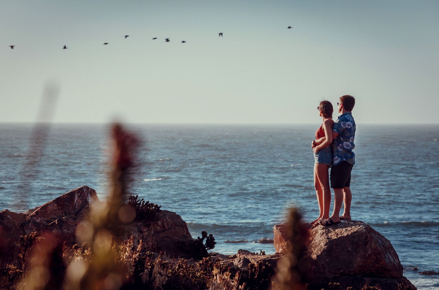 Romantic couple embracing on seaside rocks watching ocean birds fly.