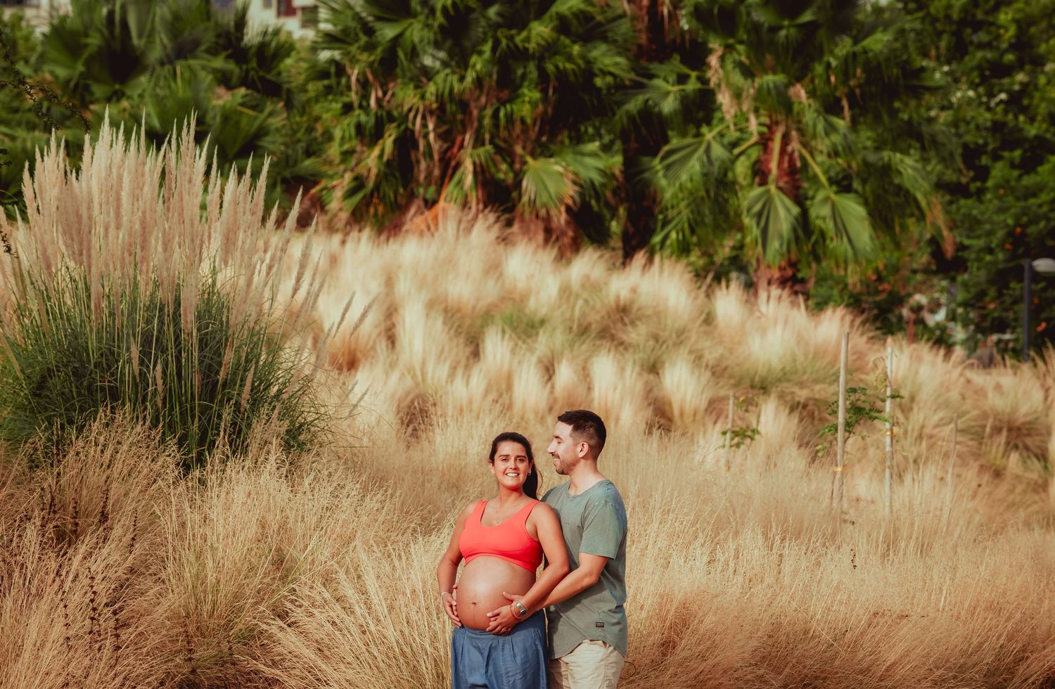 Expecting couple standing together in golden grass field surrounded by tall pampas grass and palm trees.