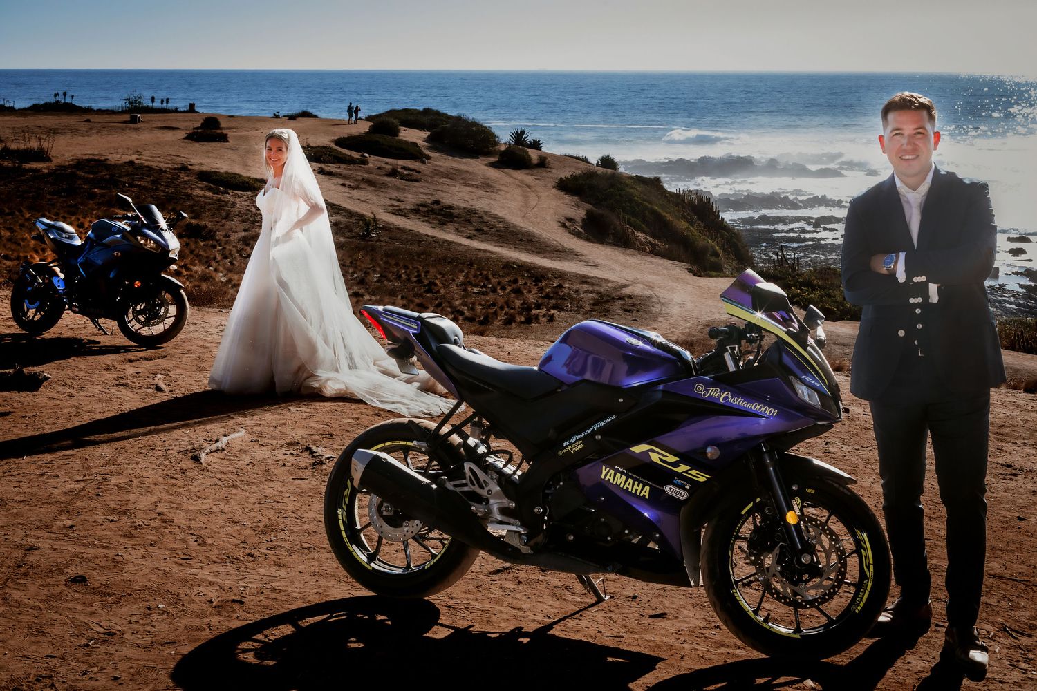 Bride in white gown and groom pose separately beside a purple Yamaha R1 motorcycle on a coastal cliff.