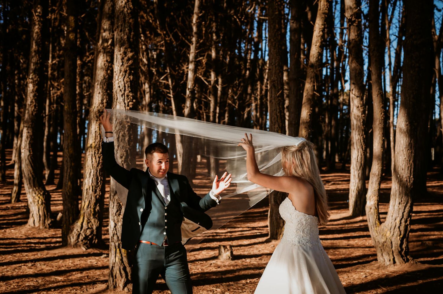 Groom cheers as bride playfully tosses her veil in a bright sunlit pine forest wedding photo.