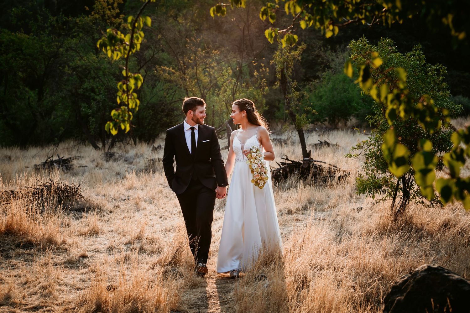 Bride and groom walking hand in hand through golden dry field surrounded by trees during sunset wedding photo session.