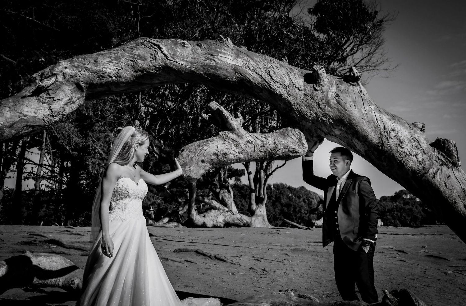 Bride and groom posing playfully with a large driftwood log on beach.