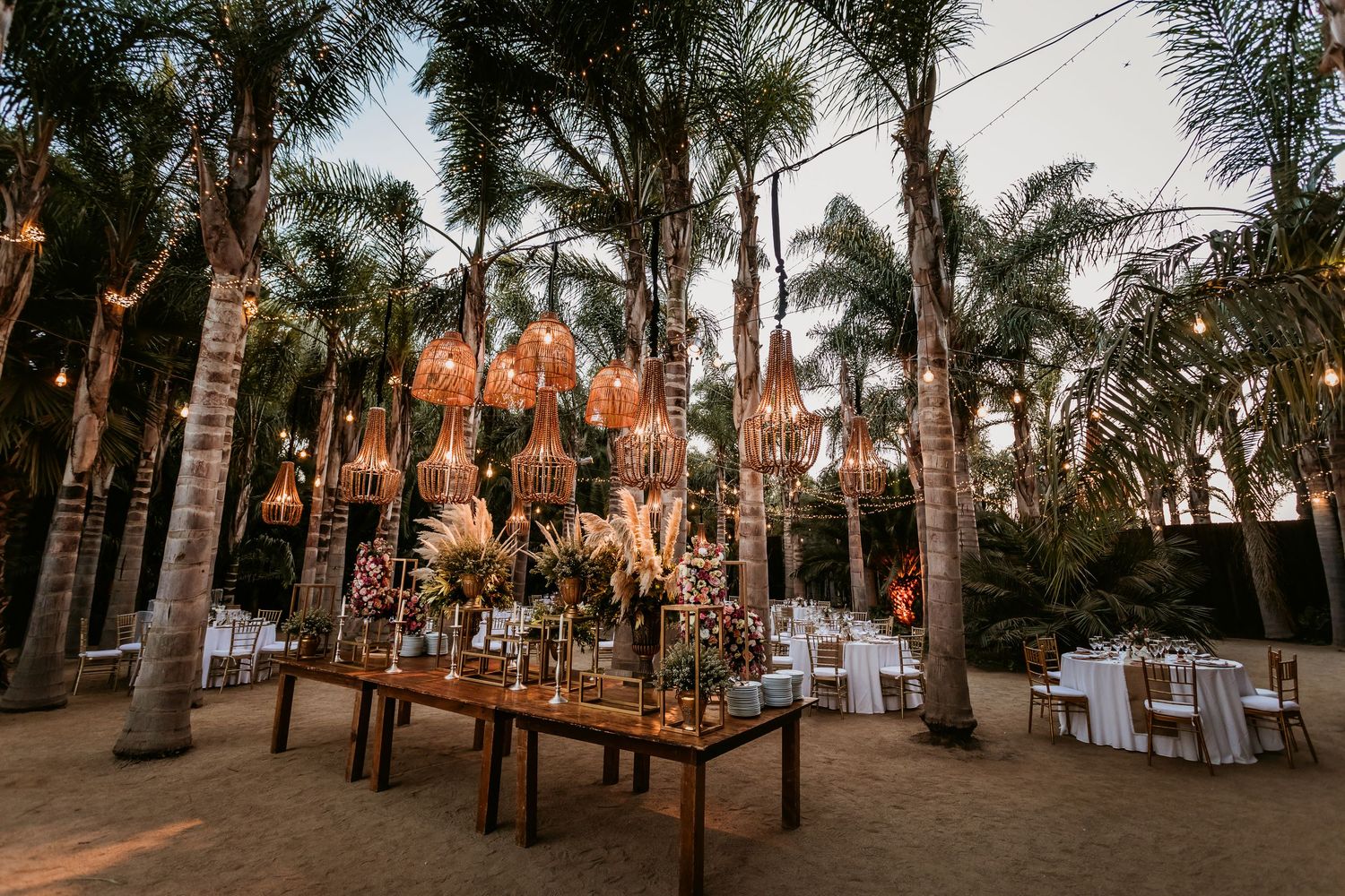 Stunning outdoor wedding reception setup with wicker chandeliers and floral centerpiece under palm trees.