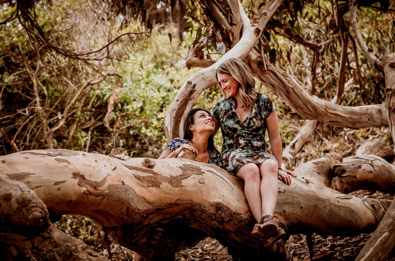 Two women smiling and sitting closely together on a large curved driftwood log outdoors.
