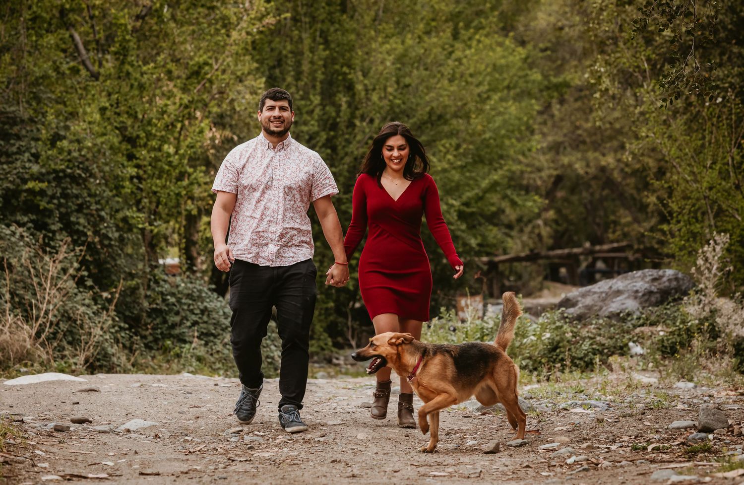 Couple walking hand in hand with their brown dog along a scenic nature trail.