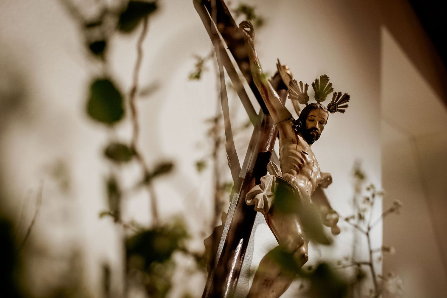 Close-up of a wooden crucifix with Jesus figure surrounded by green leaves in soft natural light.