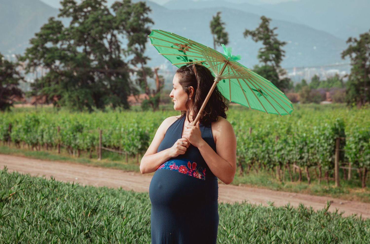 Pregnant woman holding green parasol in a lush green vineyard landscape.