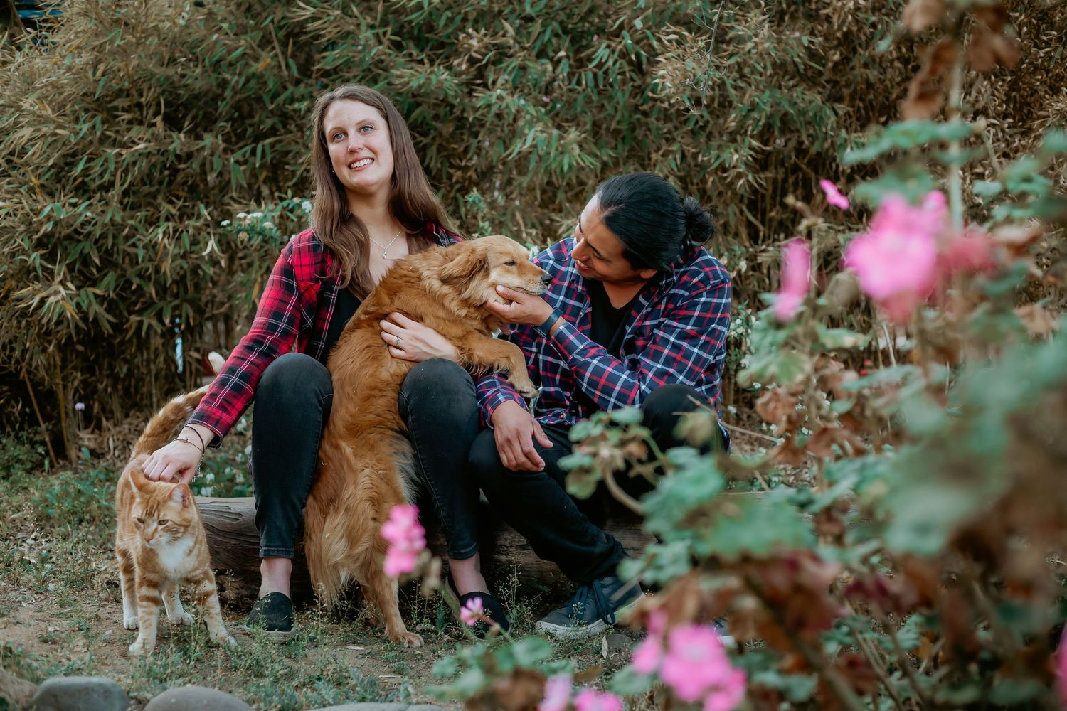 Happy couple petting their golden dog outdoors surrounded by bamboo and pink blooms.