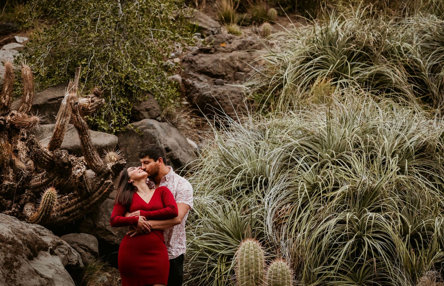 Couple hugging romantically among tall cacti and lush greenery on rocky terrain.