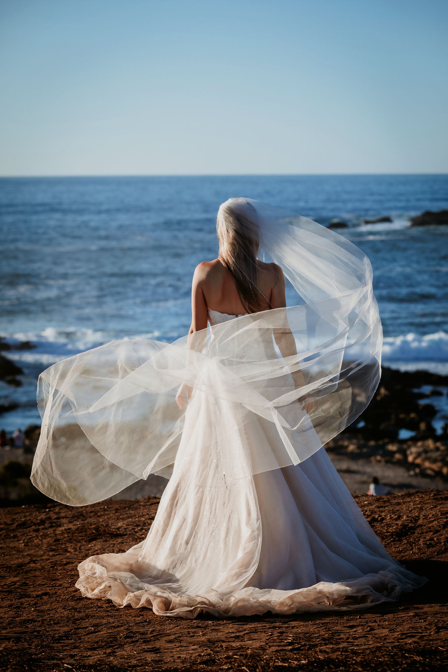 Bride standing at ocean's edge, her flowing veil dramatically caught in the coastal breeze.