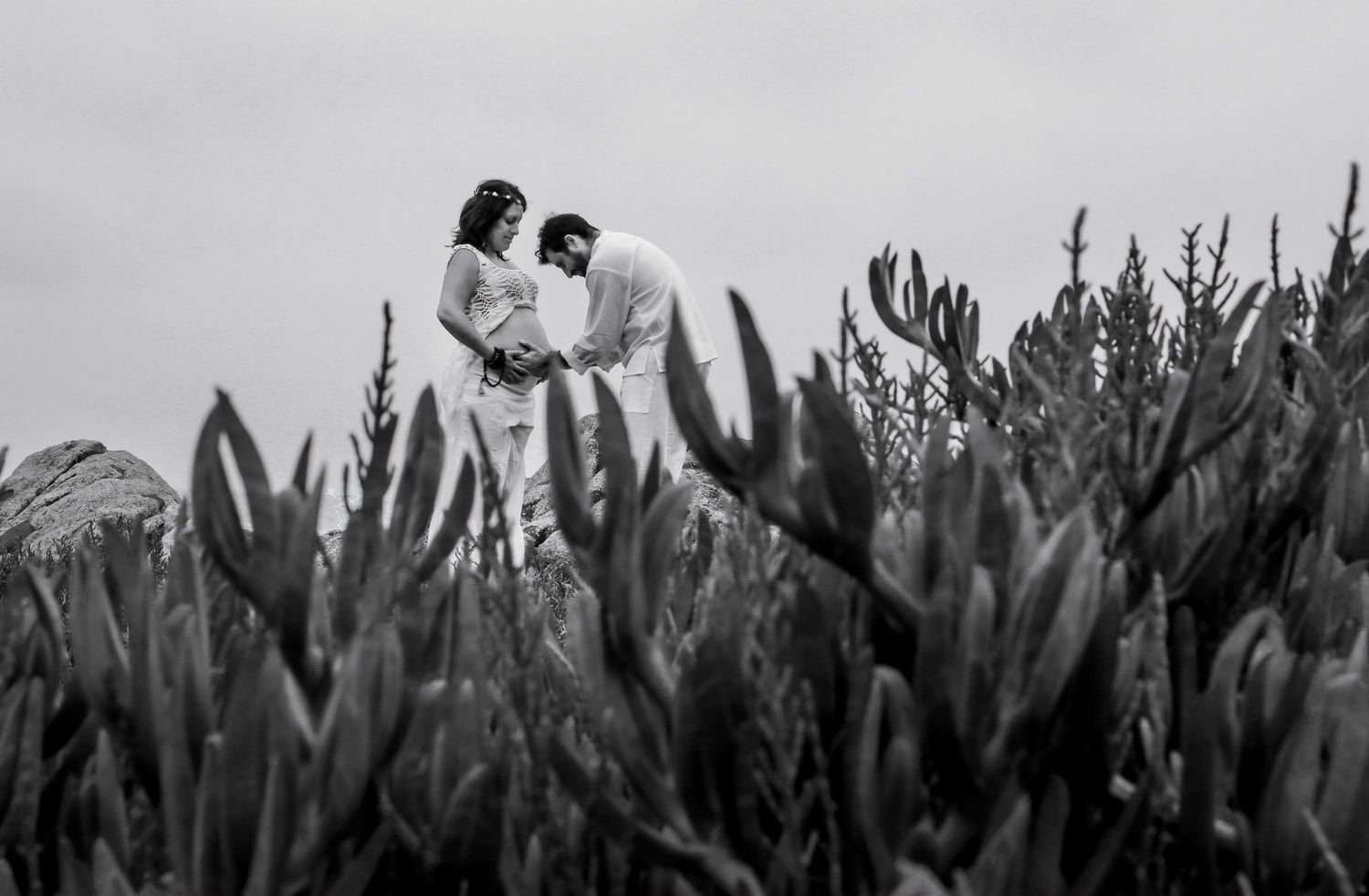 Black and white photo of a couple standing among tall plants, gazing at each other in a romantic outdoor setting.