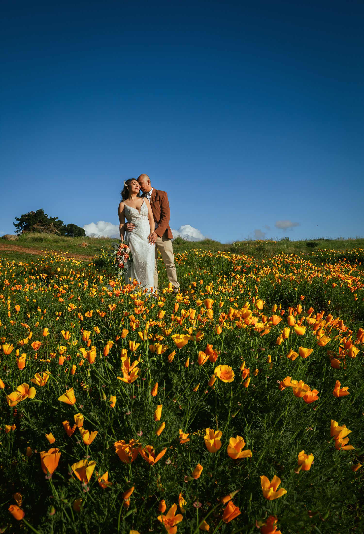 Couple embracing in a field of orange California poppies under a deep blue sky, with the bride in a white gown and groom in a brown jacket.