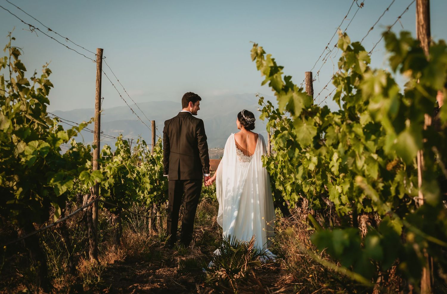 Bride and groom walk hand in hand through a scenic vineyard path with mountains in the distance.