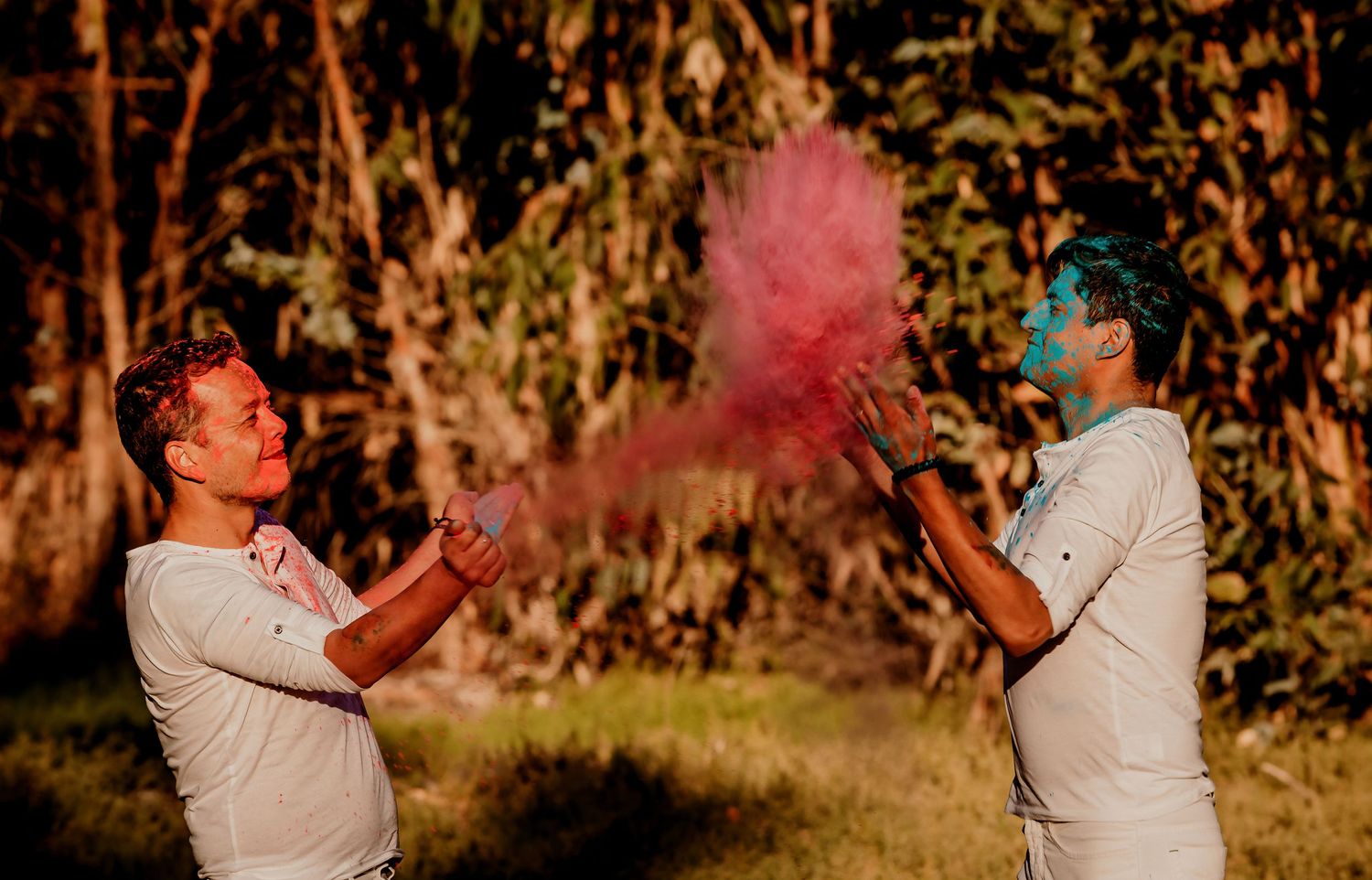 Two men face each other throwing vibrant pink and blue Holi powder in an outdoor forest setting.
