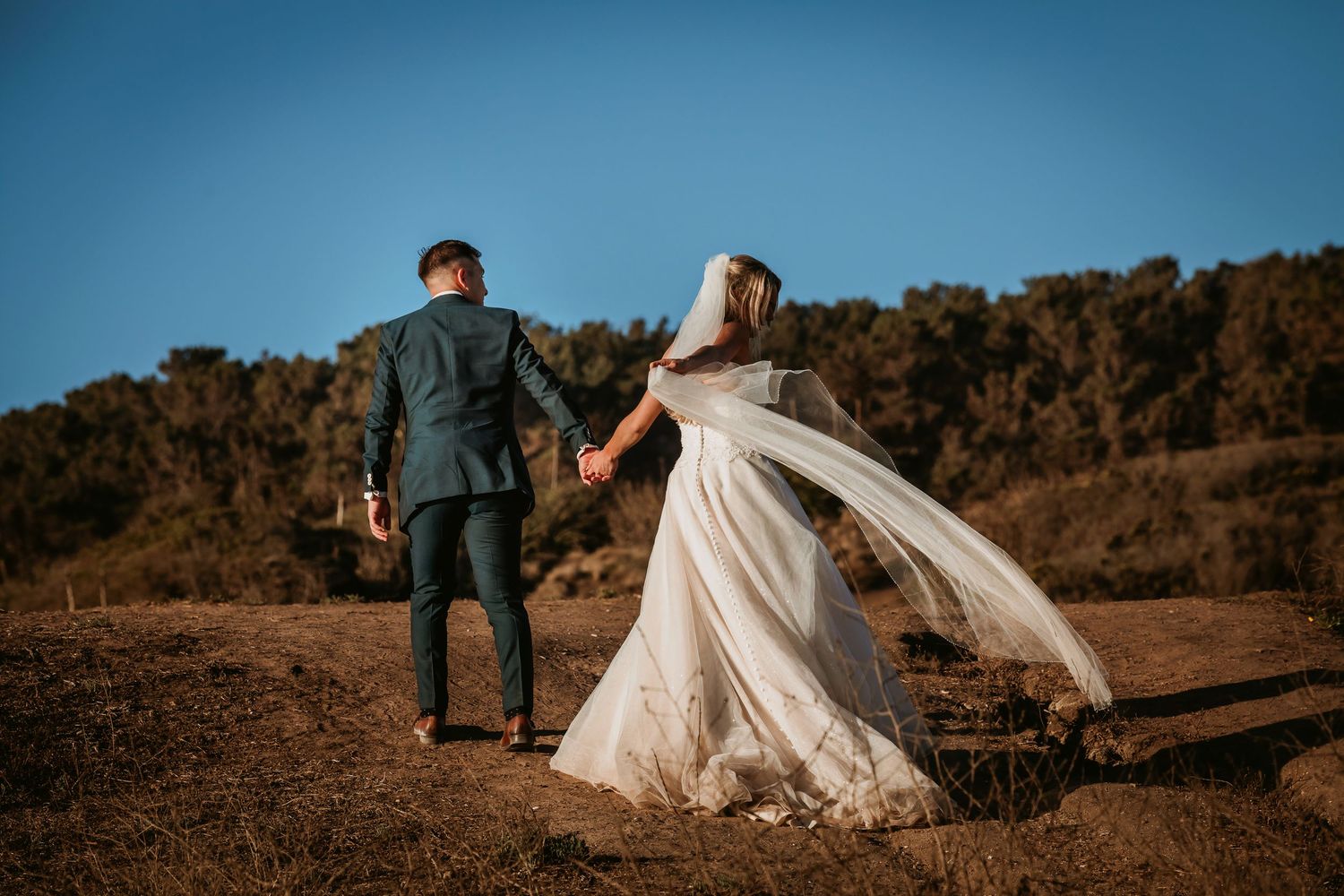 Bride and groom walk hand in hand across a scenic hilltop with the bride's veil flowing in wind.