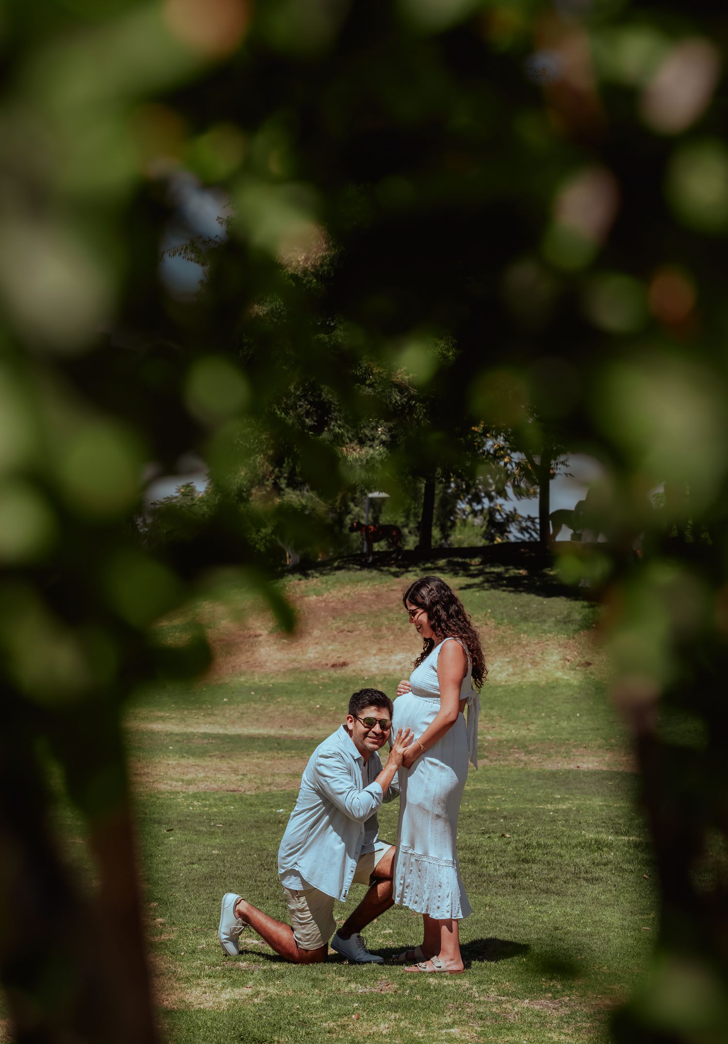 Man kneeling before pregnant woman in white dress in a sunlit park, framed by green leaves.