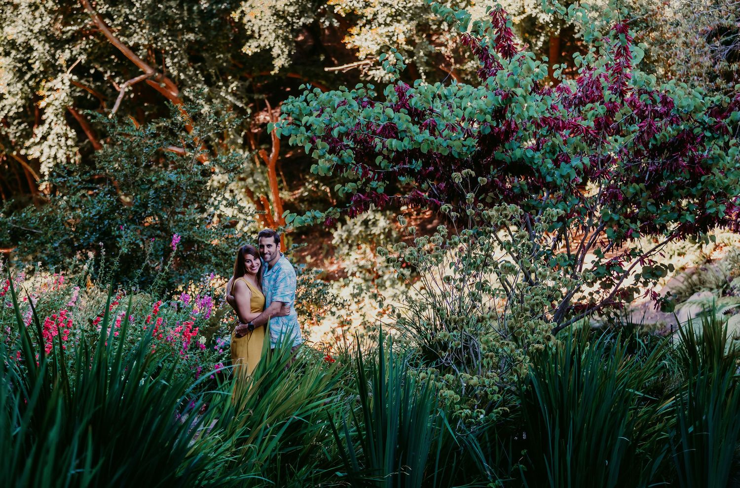 Couple standing together surrounded by lush flowering shrubs and trees in a botanical garden.