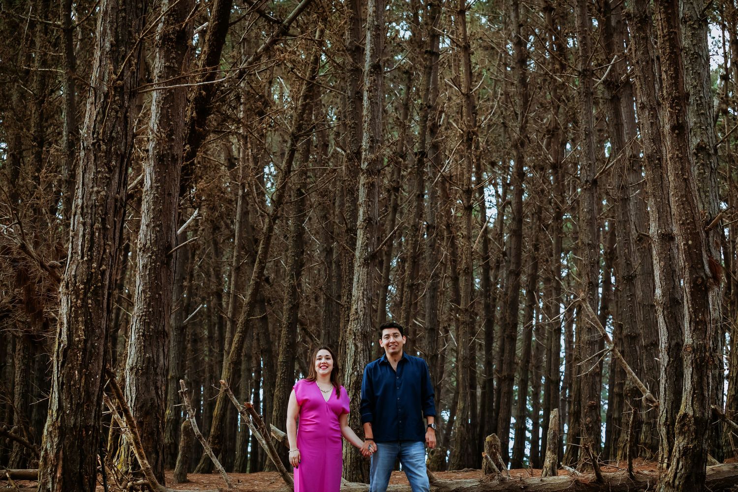 Couple holding hands in a pine forest, woman in pink dress and man in navy shirt, romantic outdoor photoshoot.