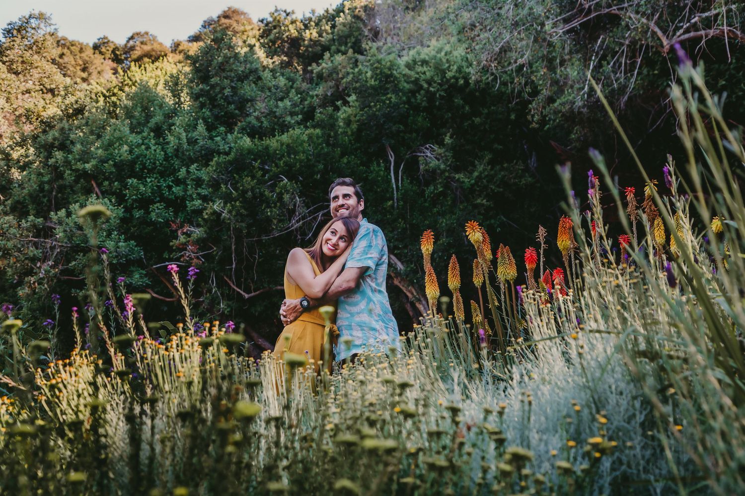 Couple embracing warmly among tall wildflowers and red aloe plants in a lush garden setting.