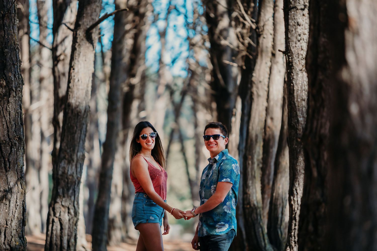 Couple holding hands wearing sunglasses standing between tall tree trunks in a sunlit forest.