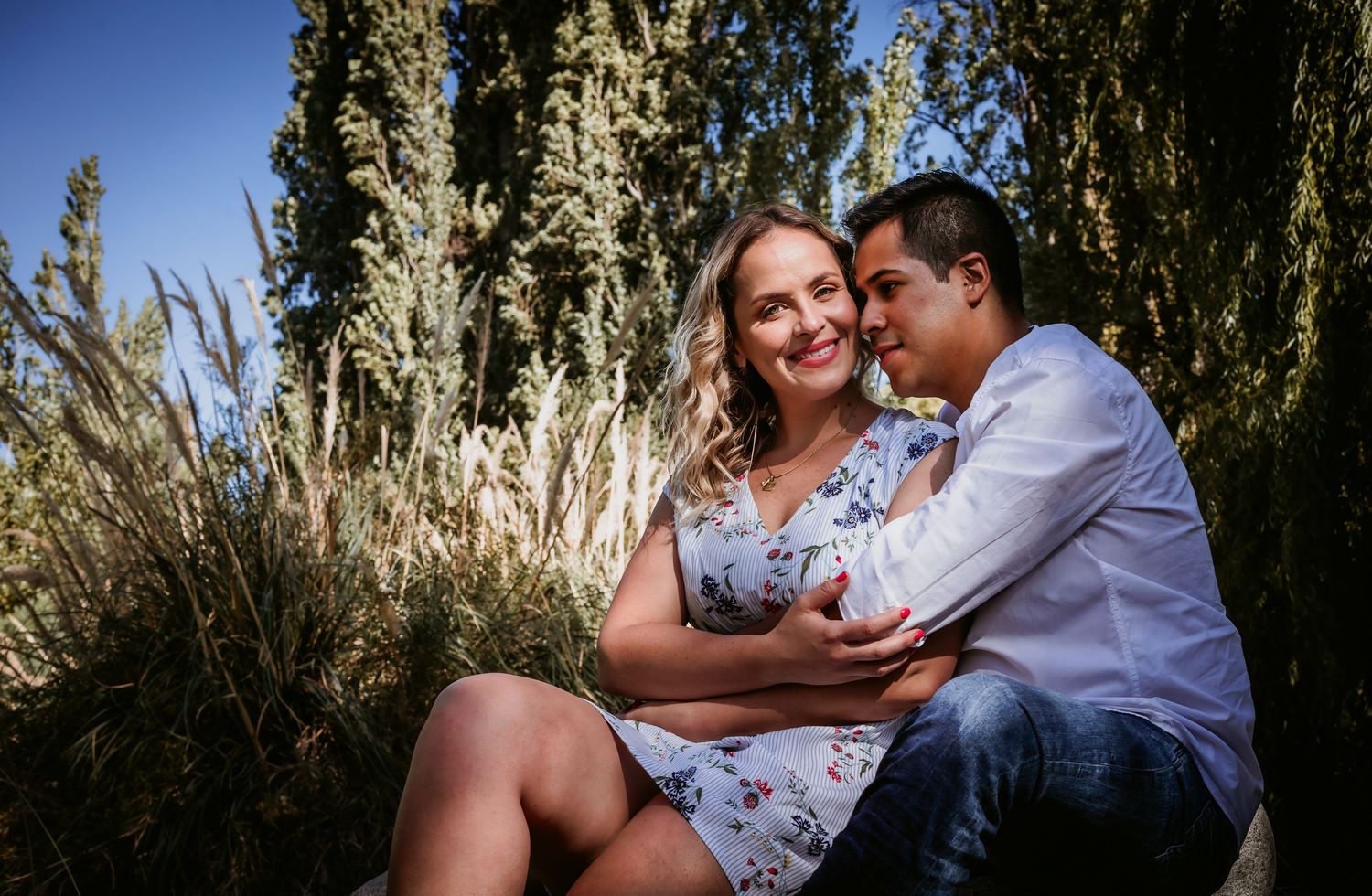 Couple sitting together outdoors among tall grasses and trees, sharing a romantic embrace on a sunny day.