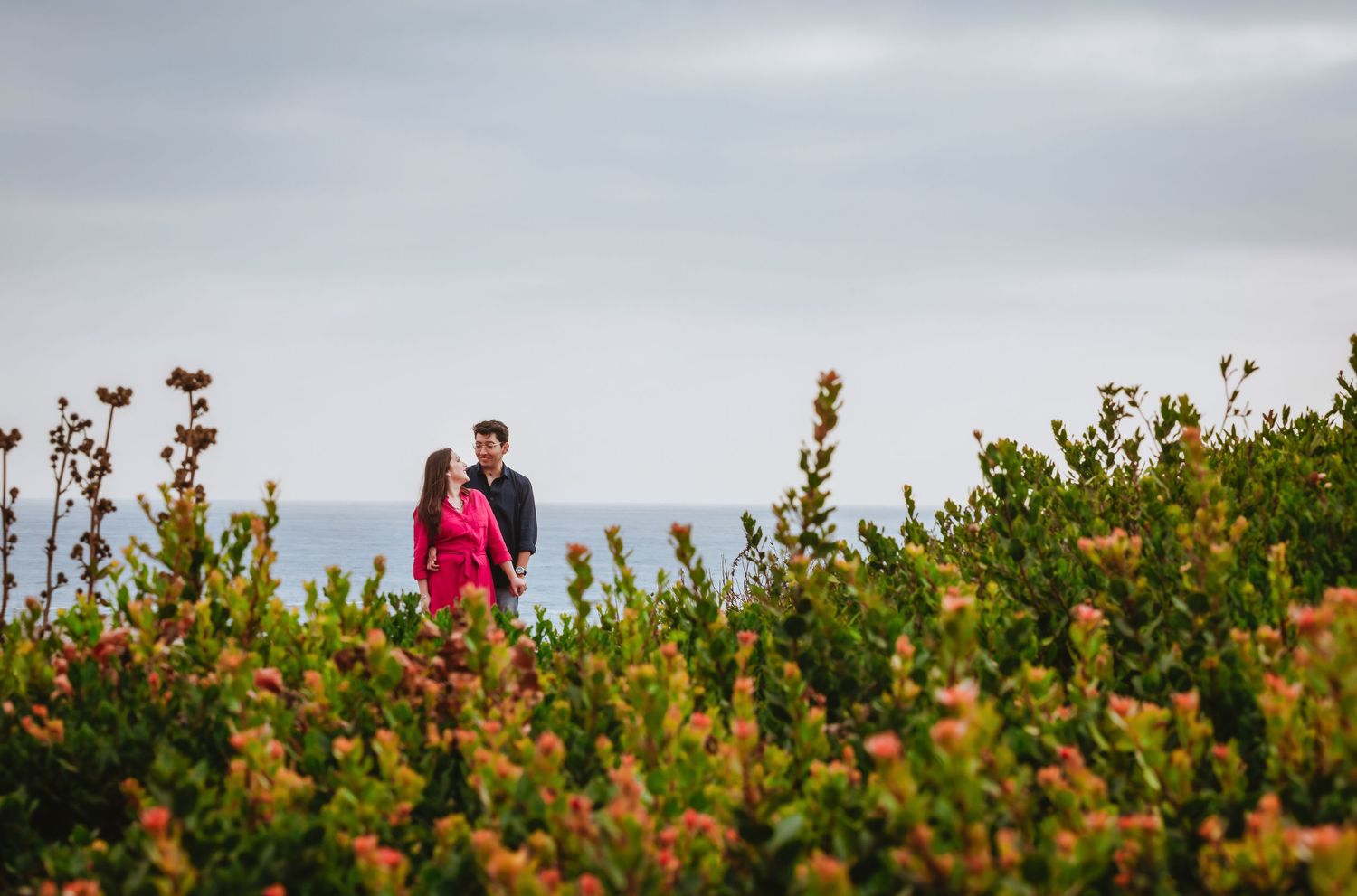 Couple standing among colorful coastal wildflowers with ocean backdrop under overcast sky.