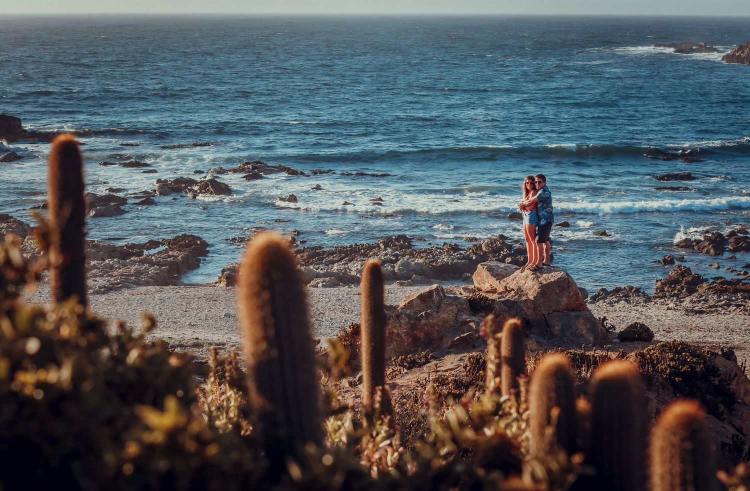 Couple embracing on rocky coastal cliffs surrounded by tall cacti with ocean waves.