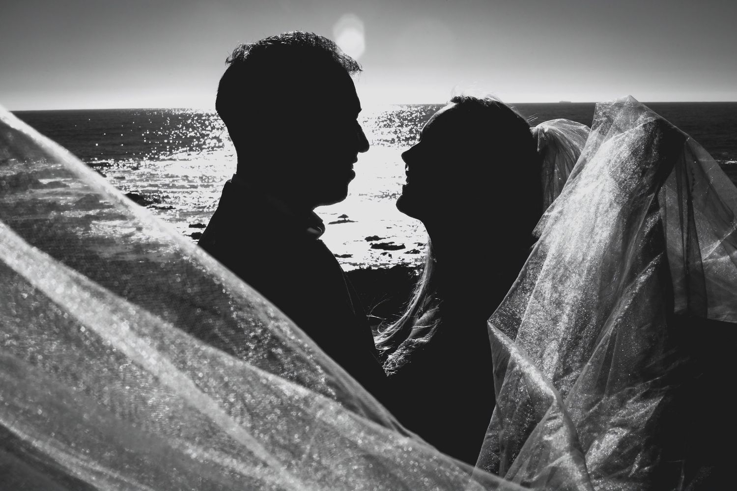 Intimate black and white silhouette of newlyweds facing each other framed by a flowing bridal veil by the sea.