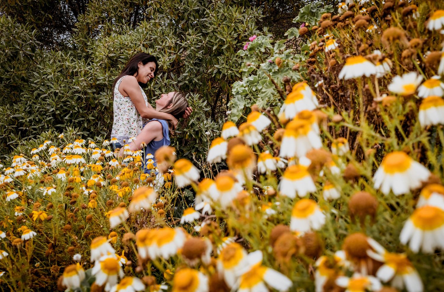 A woman tenderly holds another among vibrant wildflowers and daisy blooms in a garden.