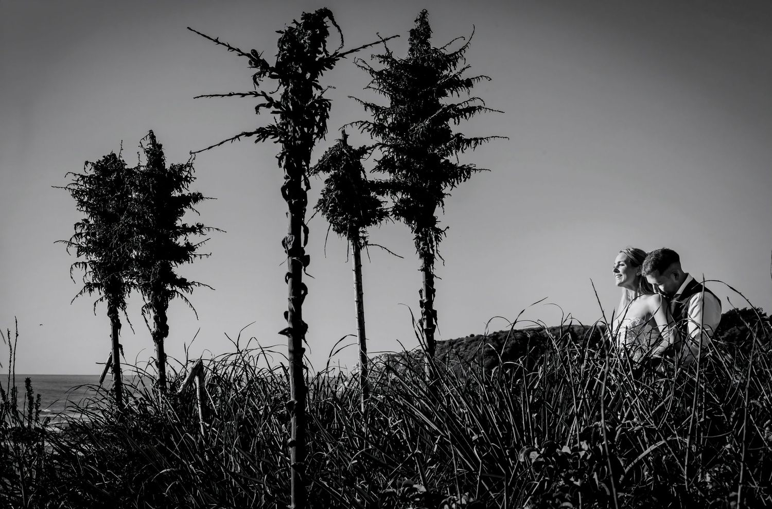 Black and white photo of newlyweds sharing a quiet moment among tall slender trees.
