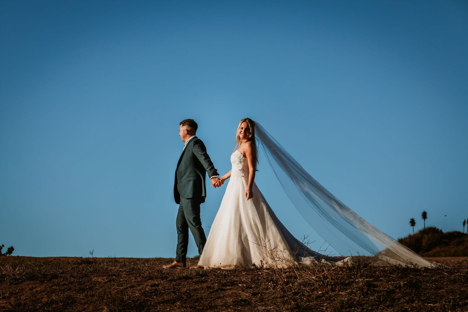 Wedding couple holding hands outdoors, bride's long veil billowing in the breeze.
