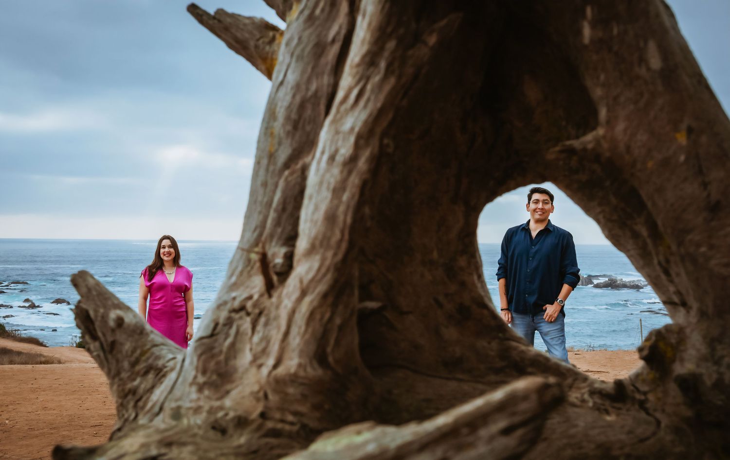 Couple poses on a sandy beach framed by a large driftwood tree trunk with ocean waves in the background.