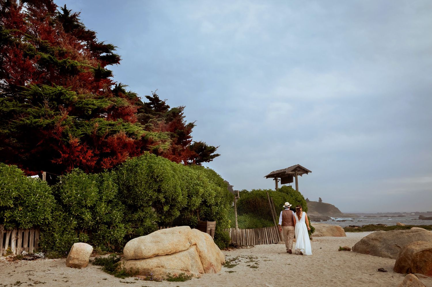Wedding couple walks along sandy beach path flanked by lush greenery and red autumn trees.