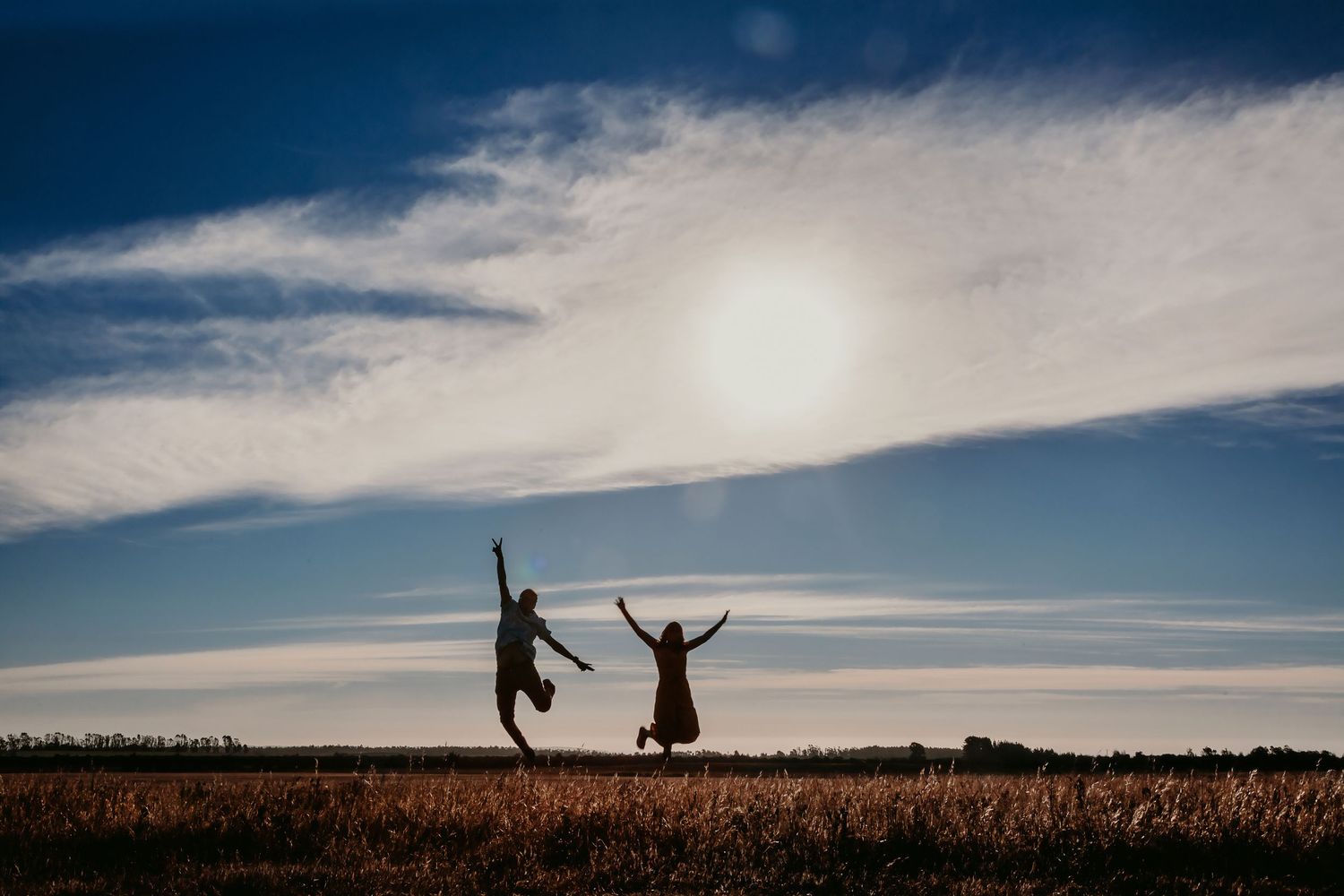 Silhouette of a joyful couple jumping with arms raised in a field under a bright sunny sky.