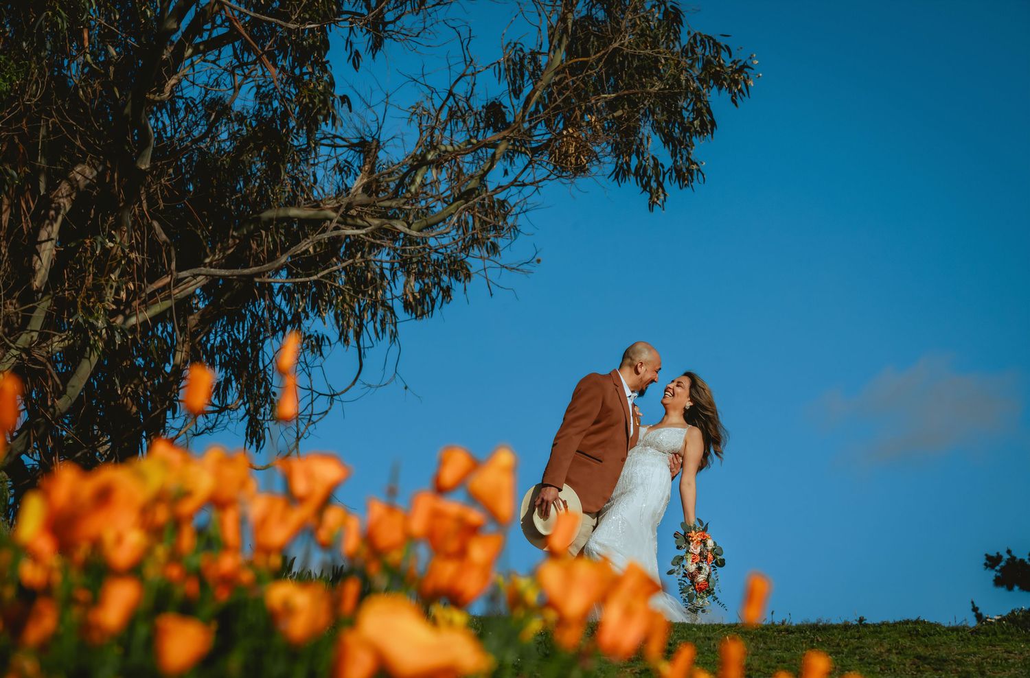 Bride and groom embrace on a grassy hilltop beneath a blue sky, framed by vibrant orange poppies and a tree, in a romantic wedding portrait.