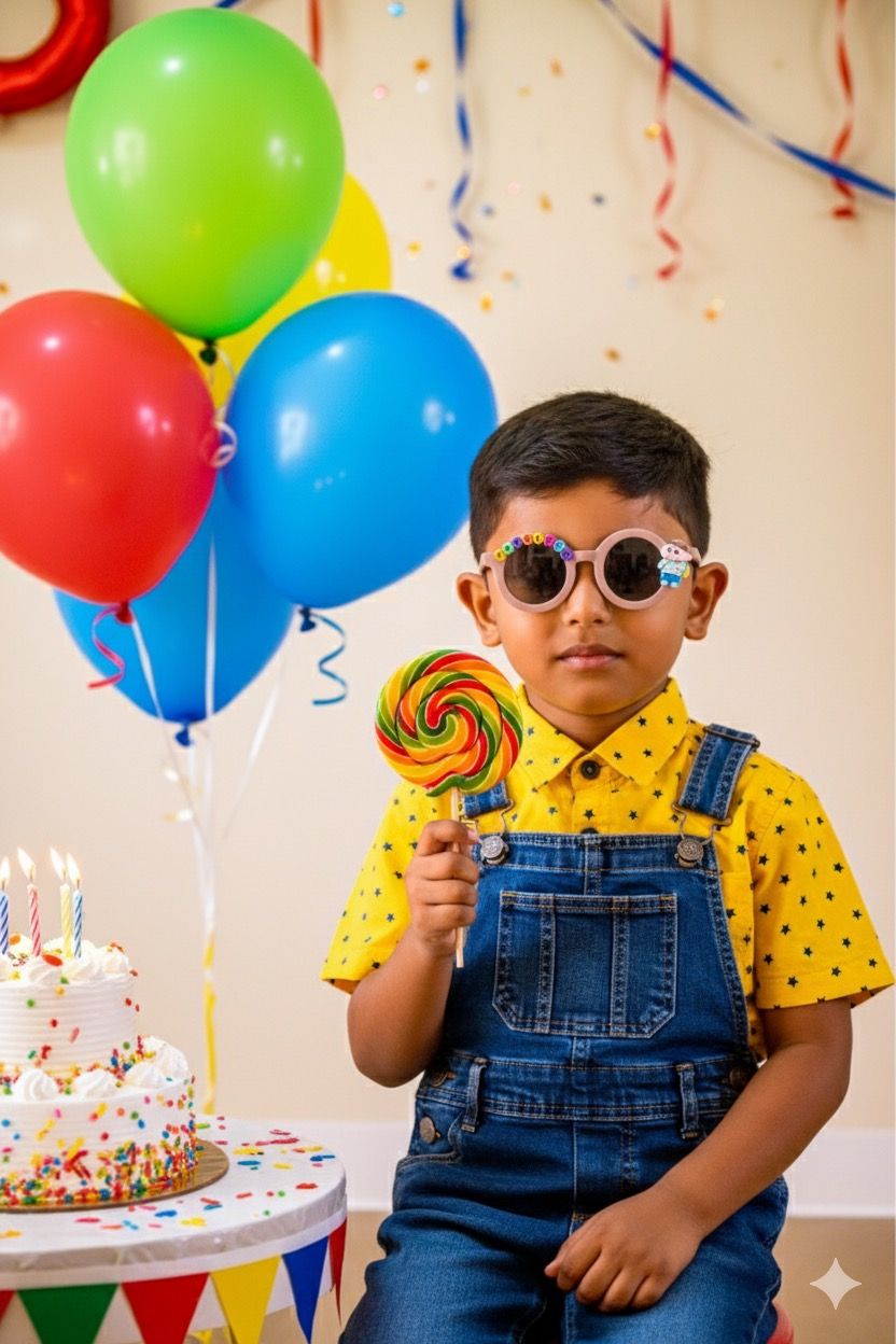 Boy in denim overalls and sunglasses holds lollipop at colorful birthday party with balloons and cake.